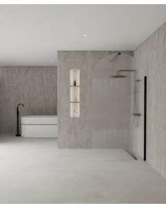 Paroi de douche à l'italienne noir Nisa en verre cannelé associée à une colonne de douche noire et un caniveau de douche noir