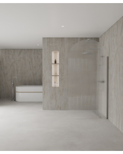 Paroi de douche à l'italienne gun metal Nisa en verre cannelé associée à une colonne de douche gun metal et un caniveau de douche gun metal