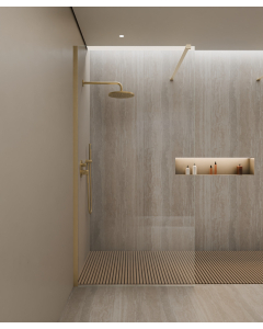 Paroi de douche fixe design , verre trempé transparent avec profilé et berre de stabilisation doré brossé