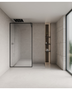 Paroi douche en verre trempé Sécurit transparent délimitée par des profilés noirs formant un cadre posée sur un receveur de douche plat