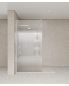Paroi de douche fixe collection Tavira en verre trempé givré et profilé chromé posée sur un receveur de douche extra plat beige