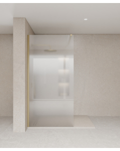 Paroi de douche fixe collection Tavira en verre trempé givré et profilé doré brossé posée sur un receveur de douche extra plat beige