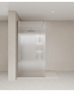 Paroi de douche fixe collection Tavira en verre trempé givré et profilé gris gun metal posée sur un receveur de douche extra plat beige