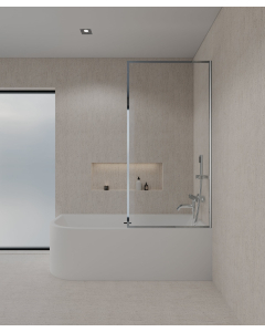 Paroi de douche baignoire posée sur une baignoire blanche en verre trempé securit transparent avec cadre en acier inoxydable chromé assorti à la robinetterie de bain chromée