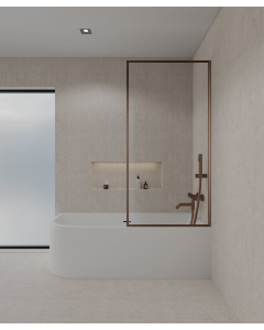 Paroi de baignoire posée sur une baignoire blanche en verre trempé securit transparent avec cadre en acier inoxydable or rose brossé assorti à la robinetterie de bain or rose brossé
