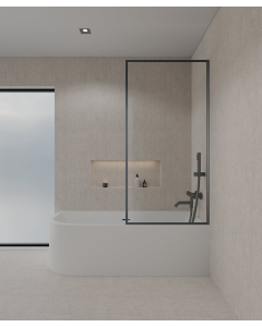 Paroi posée sur une baignoire blanche en verre trempé securit transparent avec cadre en acier inoxydable gun metal assorti à la robinetterie de bain  de même finition