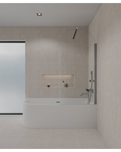 Paroi de douche sur baignoire composée d'un verre trempé transparent en forme d'arche avec profilé et barre de fixation murale couleur chromée