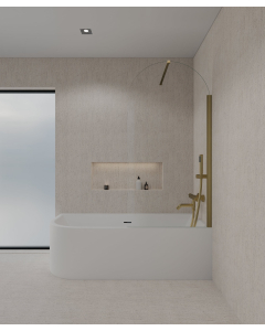 Paroi de douche sur baignoire composée d'un verre trempé transparent en forme d'arche avec profilé et barre de fixation murale couleur dorée