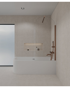 Paroi de douche sur baignoire composée d'un verre trempé transparent en forme d'arche avec profilé et barre de fixation murale couleur or rose brossé