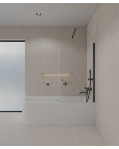 Paroi de douche sur baignoire composée d'un verre trempé transparent en forme d'arche avec profilé et barre de fixation murale couleur gris gun metal