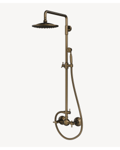 Colonne de douche bronze, de type mélangeur avec poignées en croisillons, pommeau de douche rond et douchette à main sur support amovible
