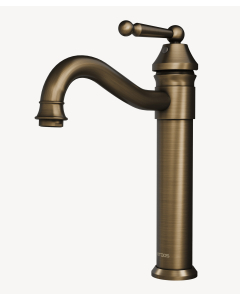 Robinet de lavabo en laiton antique - Rome de la marque Kroos, de type mitigeur, constitué d'un corps rond, d'un bec courbé adaptable à tous les types de lavabos et d'une poignée fine située en haut du robinet 