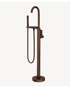 Robinet mitigeur thermostatique de baignoire or rose brossé sur pied, doté d'une douchette amovible et d'une tablette ronde