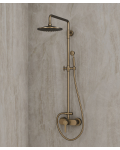 Colonne de douche mécanique, en laiton antique, constituée d'un pommeau de douche à jet de pluie, d'une douchette avec support réglable en hauteur, d'une poignée pour régler la température et d'un inverseur