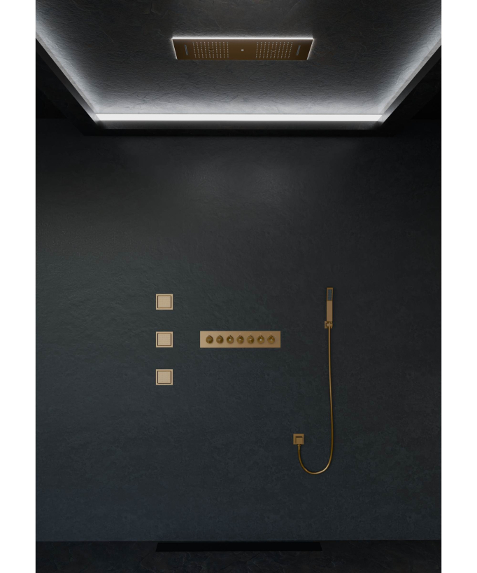 Pacchetto doccia termostatico con 3 getti a LED Oro rosa spazzolato - 900x300 mm