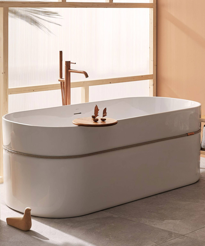 Vasca acrilica freestanding con cordone Bianco lucido - Tempo - small
