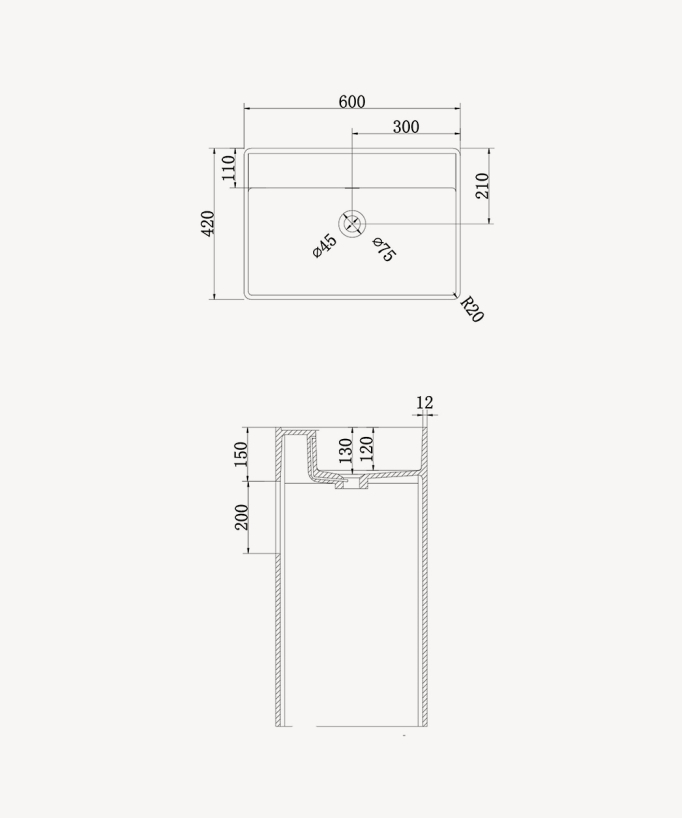 Lavabo totem rettangolare da appoggio in resina minerale Bianco opaco - Diosso