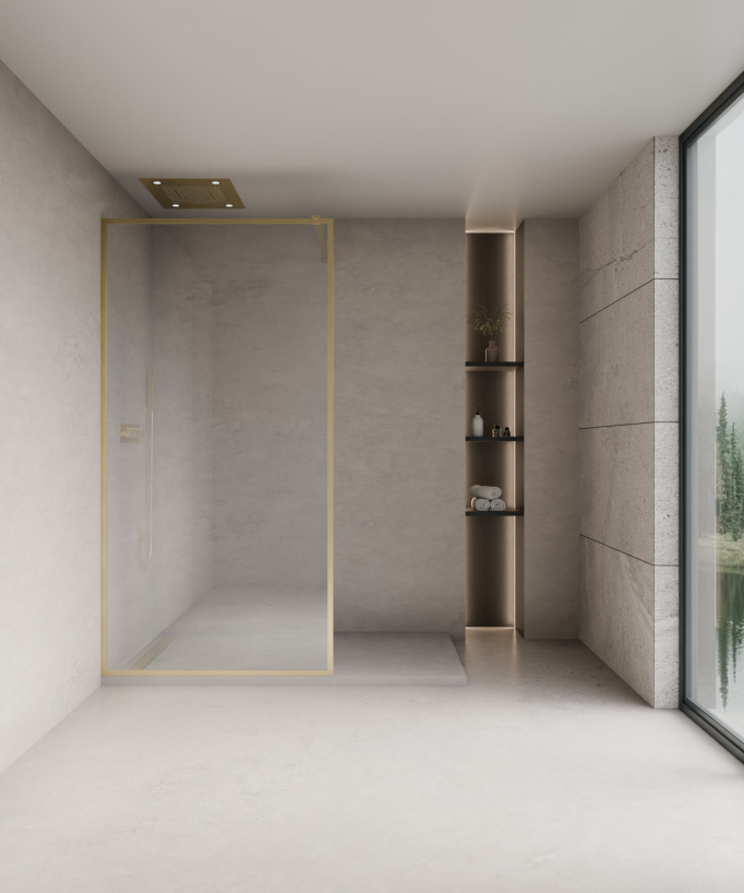 Evora - Parete doccia fissa in vetro trasparente, cornice oro spazzolato