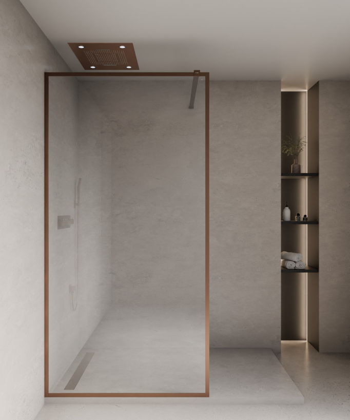 Evora - Parete doccia fissa in vetro trasparente, cornice oro rosa spazzolato