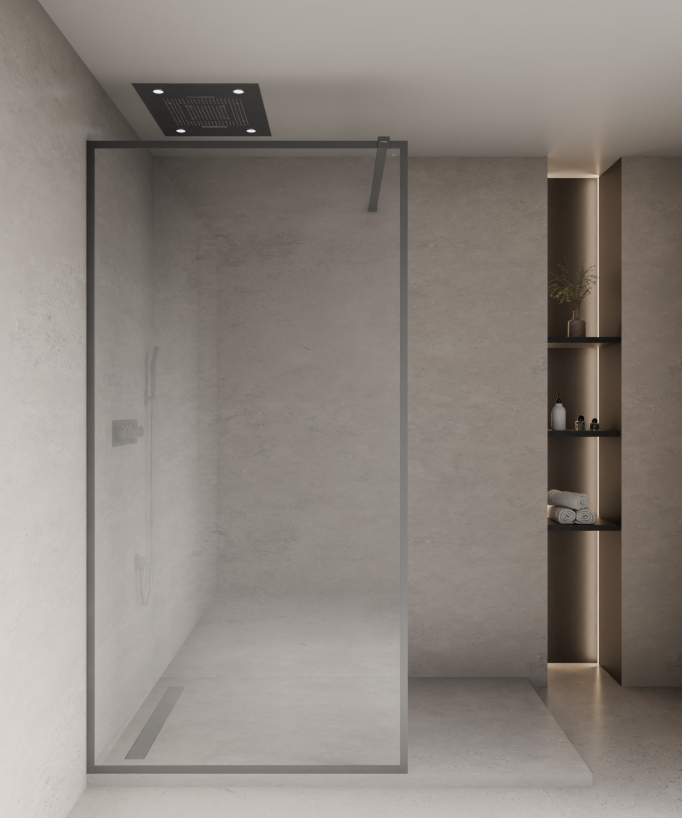Evora - Parete doccia fissa in vetro trasparente, cornice gunmetal