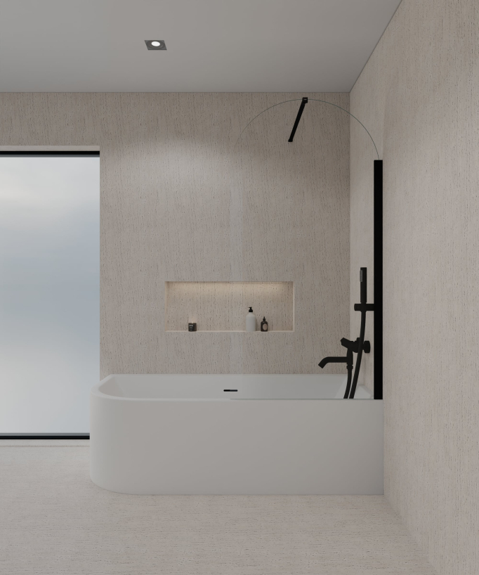 Paroi de douche sur baignoire composée d'un verre trempé transparent en forme d'arche avec profilé et barre de fixation murale couleur noire