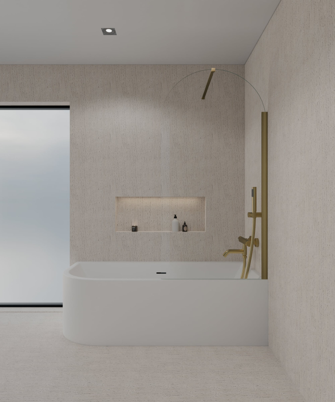 Paroi de douche sur baignoire composée d'un verre trempé transparent en forme d'arche avec profilé et barre de fixation murale couleur dorée