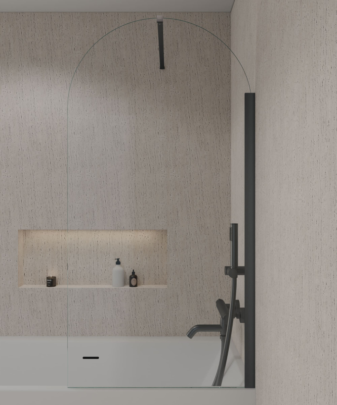 Paraschizzi vasca fisso 70 x 140 cm in vetro temperato ad arco con profilo e barra di rinforzo gunmetal - Leira