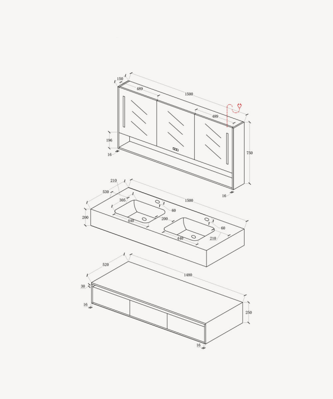 Set arredo bagno doppio lavabo con specchio Grigio - Madras - 150 cm
