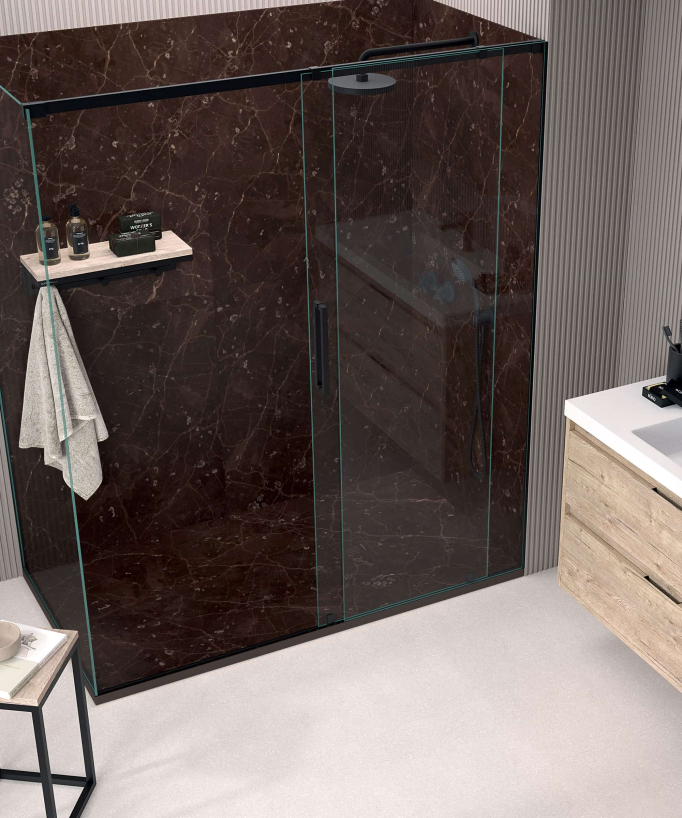 Piatto doccia Oasis Marrone Scuro, finitura Lisse Stone 3D, griglia colorata