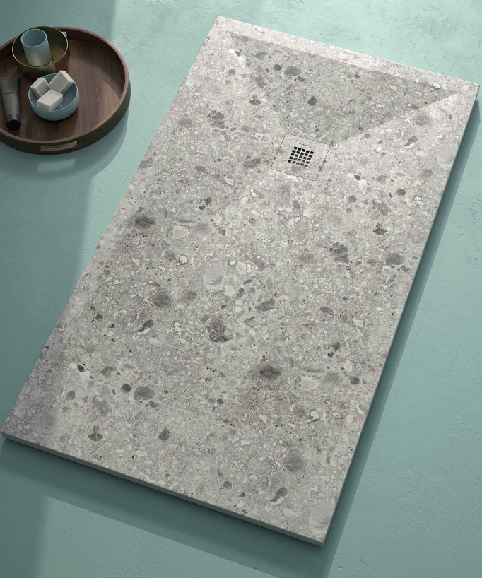 Piatto doccia Terrazzo Grigio, finitura Liscia Stone 3D, griglia colorata