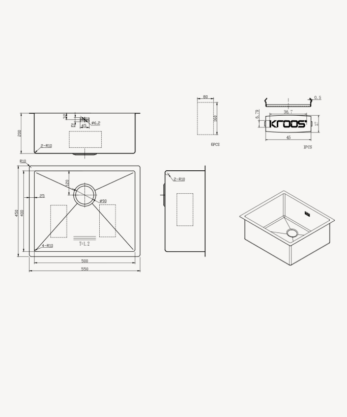 Lavello da cucina singolo 550 mm - rame spazzolato - Ohia