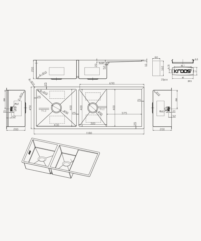 Lavello da cucina doppio 1180 mm - ottone spazzolato - Filao