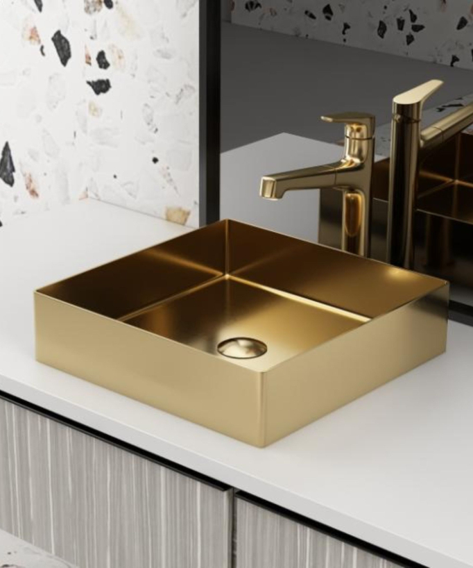 Lavabo quadrato da appoggio in acciaio inox, oro spazzolato, 40x40 cm - small