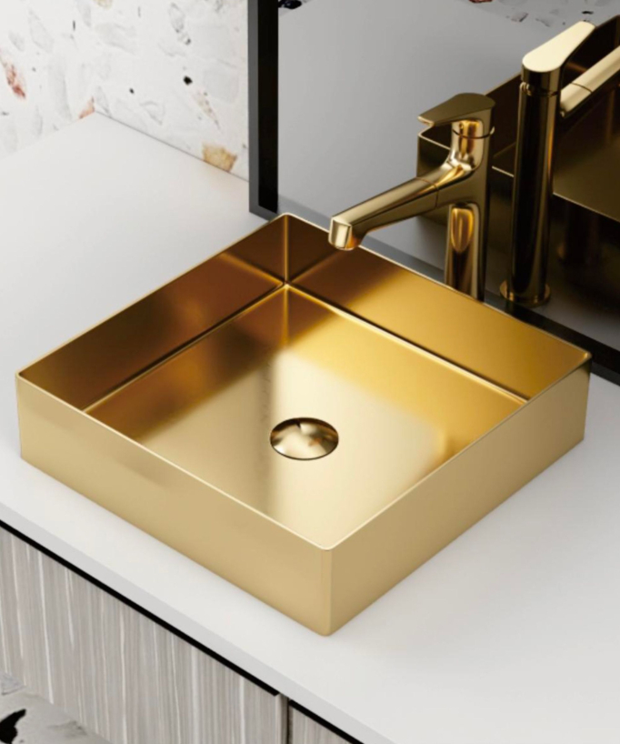 Lavabo quadrato da appoggio in acciaio inox, oro spazzolato, 40x40 cm