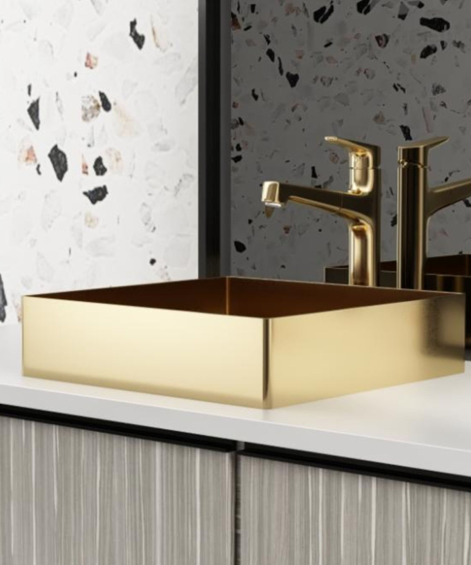 Lavabo quadrato da appoggio in acciaio inox, oro spazzolato, 40x40 cm