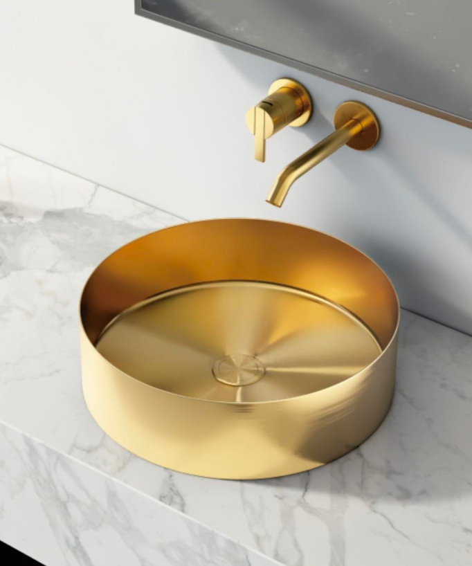 Lavabo rotondo da appoggio per bagno, in acciaio inox con finitura oro spazzolato PVD - small