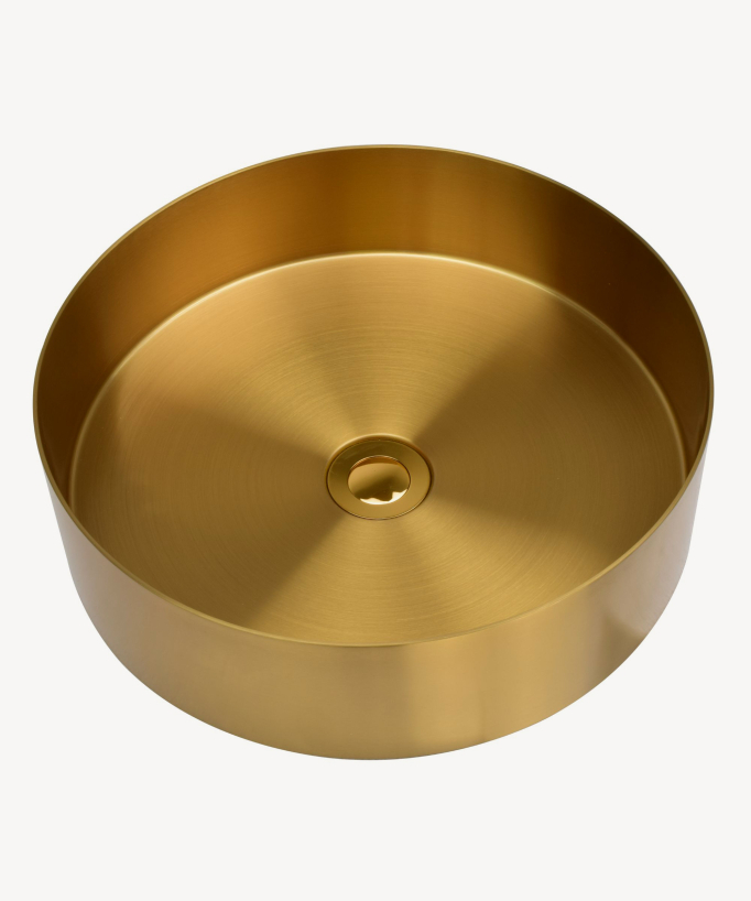 Lavabo rotondo da appoggio per bagno, in acciaio inox con finitura oro spazzolato PVD