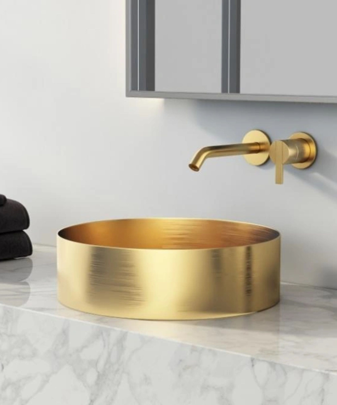 Lavabo rotondo da appoggio per bagno, in acciaio inox con finitura oro spazzolato PVD