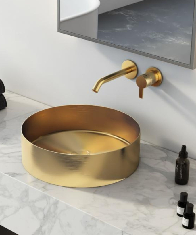 Lavabo rotondo da appoggio per bagno, in acciaio inox con finitura oro spazzolato PVD