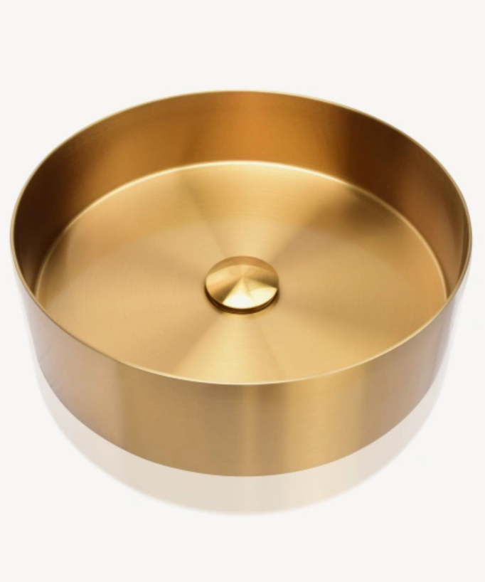Lavabo rotondo da appoggio per bagno, in acciaio inox con finitura oro spazzolato PVD