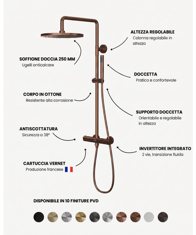 Colonna doccia termostatica rotonda Oro rosa spazzolato - Corbeau