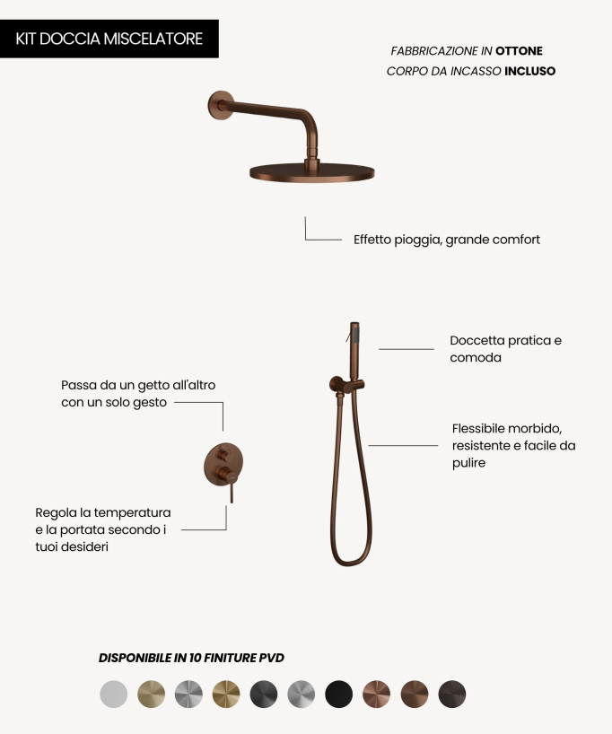 Pannello miscelatore da incasso per doccia Oro rosa spazzolato - Corbeau
