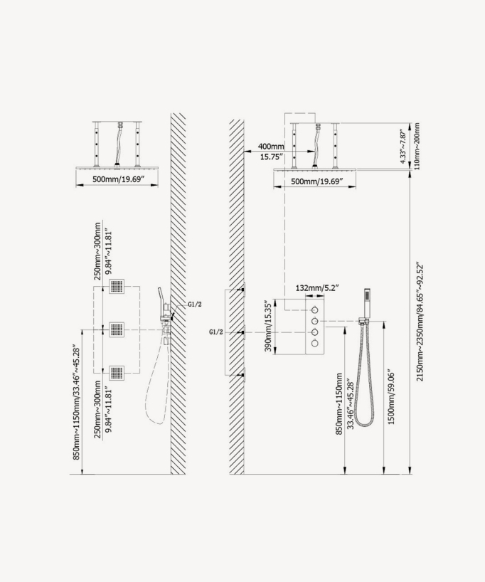 Sistema doccia termostatico a soffitto con getti nascosti 500 mm - Nickel spazzolato