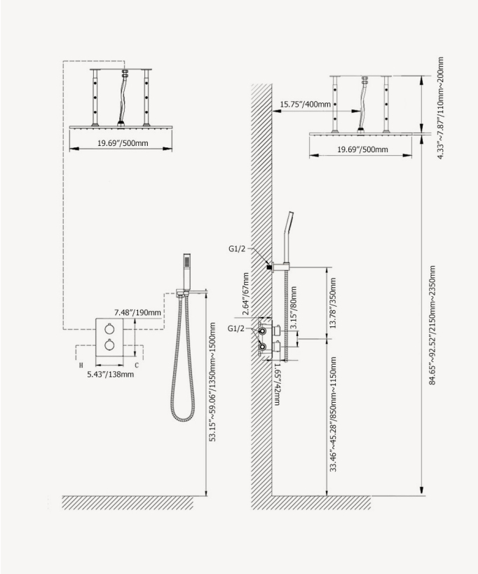 Sistema doccia termostatico a soffitto
