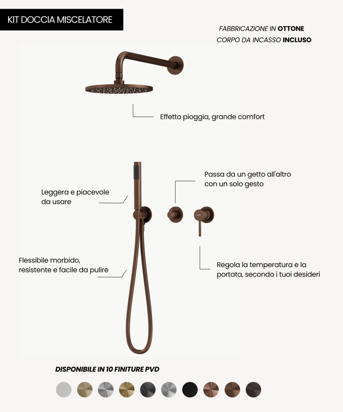 Colonna doccia da incasso 3 fori oro rosa spazzolato – Corbeau
