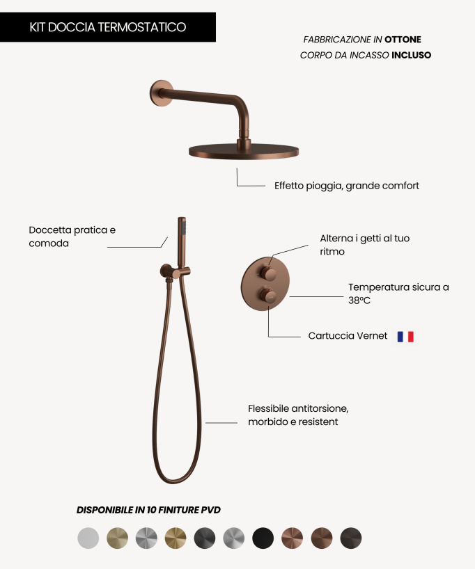 Colonna doccia da incasso termostatica con soffione a pioggia anticalcare - Corbeau, Finitura Oro Rosa Spazzolato