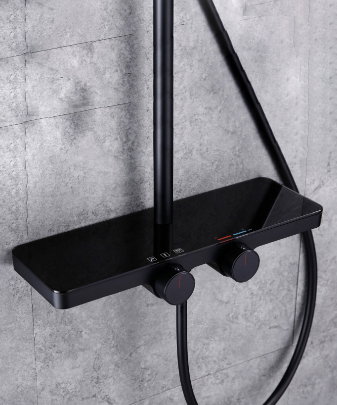 Colonna doccia rotonda con mensola - Nero