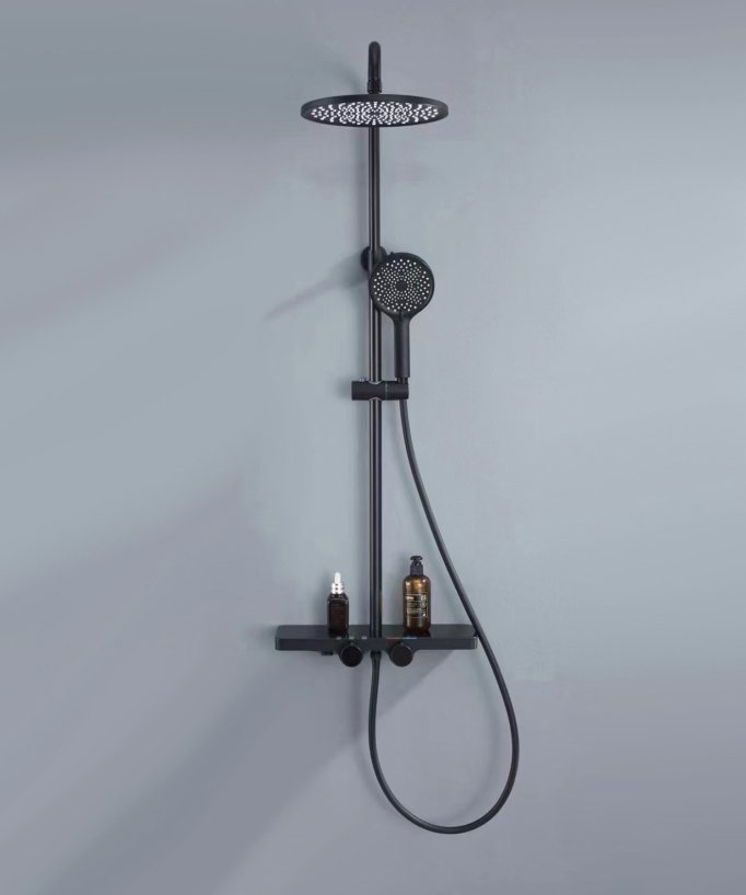Colonna doccia rotonda con mensola - Nero