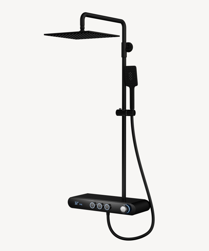 Colonne de douche et bain de forme carré et de couleur noire avec une tablette intégrée