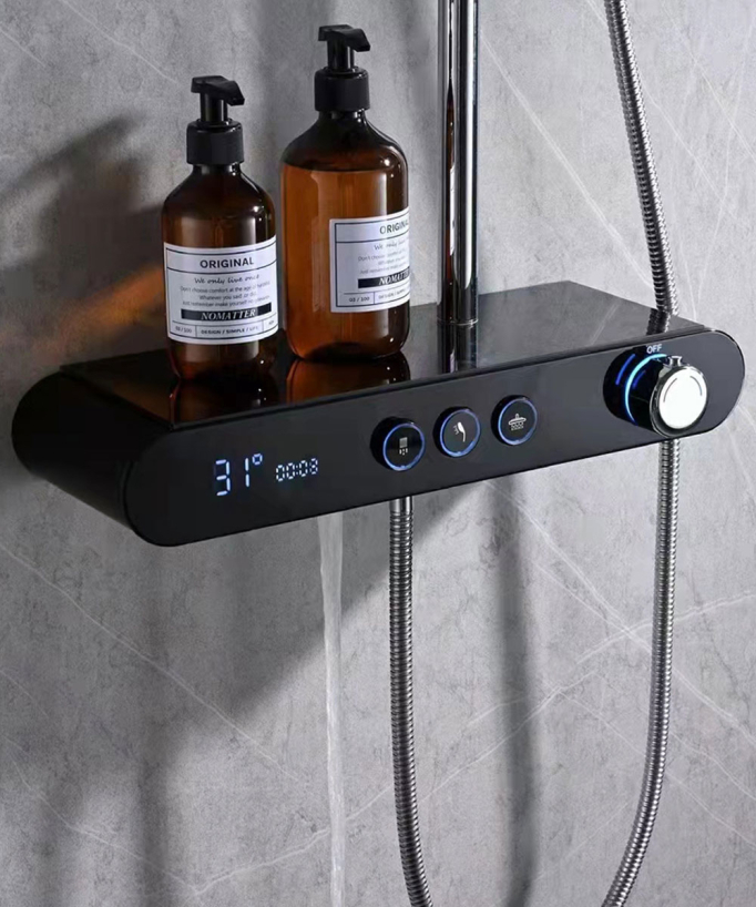 Colonna doccia per vasca con mensola e display digitale della temperatura - Tabarca, Nera